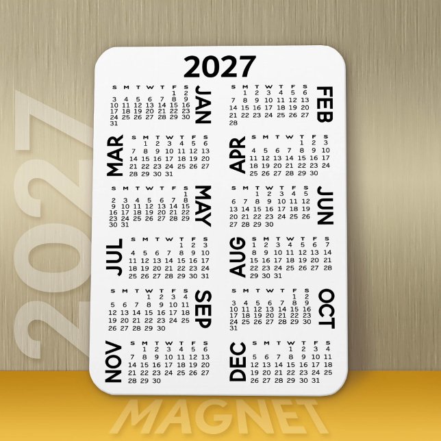2027 Calendar - Basic Minimal Black and White Magnet (Modern 2027 Calendar Magnet)