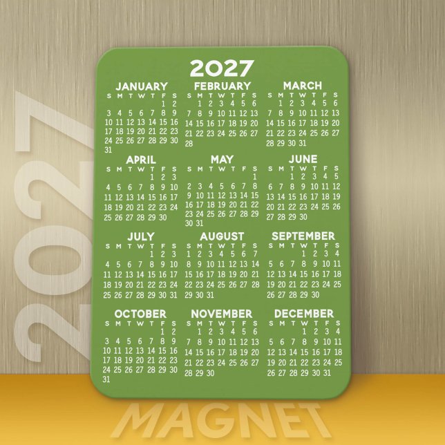 2027 Calendar - Basic Minimal Green White Modern Magnet (Modern 2027 Calendar Magnet)