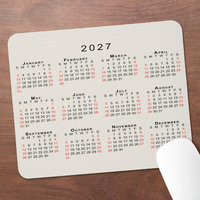 2027 Calendar Beige Faux Canvas Texture Mouse Pad (2027 Calendar Beige Faux Canvas Texture Mouse Pad in situ)