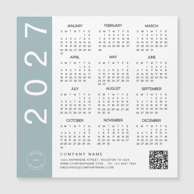 2027 Calendar Blue Border QR Code Company Logo (Front)