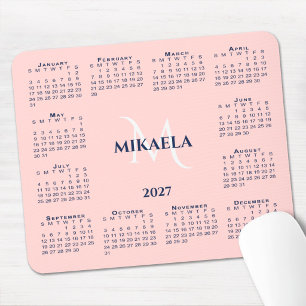 2027 Calendar Chic Monogram Name Coral Pink Mouse Pad