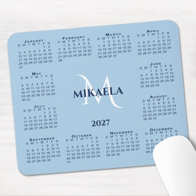 2027 Calendar Chic Monogram Name Light Blue Mouse Pad (2027 Calendar Chic Monogram Name Light Blue Mouse Pad in situ)