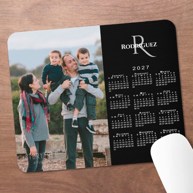 2027 Calendar Custom Photo Monogram Name Black Mouse Pad (2027 Calendar Custom Photo Monogram Name Black Mouse Pad in situ)