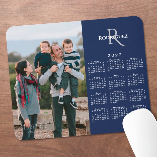 2027 Calendar Custom Photo Monogram Name Navy Mouse Pad (2027 Calendar Custom Photo Monogram Name Navy Mouse Pad in situ)