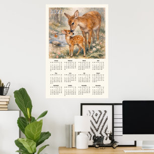 2027 Calendar - Deer and Fawn Vintage Watercolor Poster