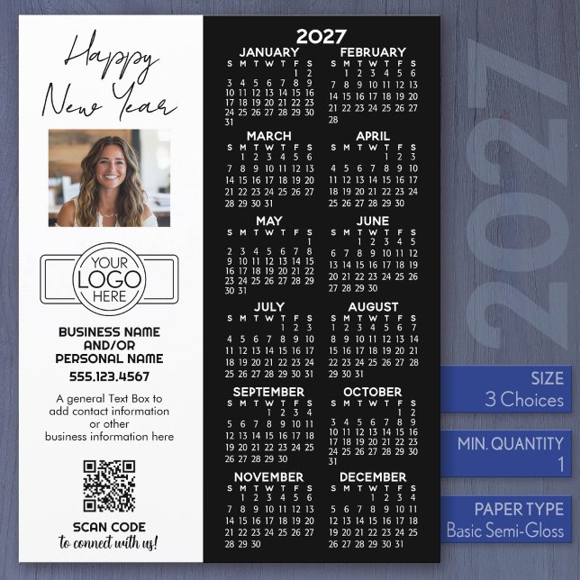 2027 Calendar Full Sheet - logo, QR Code, Photo (2027 Calendar - Business Promotion)
