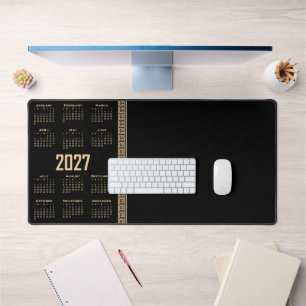 2027 Calendar, Greek Fret, Beige on Black Desk Mat