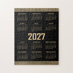 2027 Calendar, Greek Fret, Beige on Black Jigsaw Puzzle