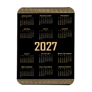 2027 Calendar, Greek Fret, Beige on Black Magnet