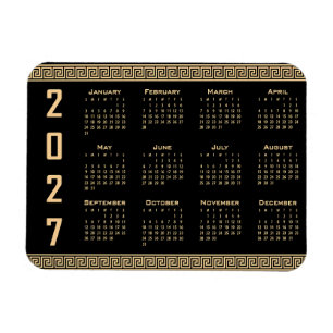2027 Calendar, Greek Fret, Beige on Black Magnet