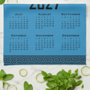 2027 Calendar, Greek Fret, Black on Cosmos Blue Tea Towel