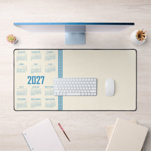 2027 Calendar, Greek Fret, Blue on Cosmic Latte Desk Mat