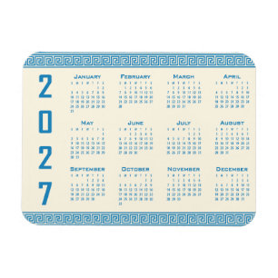 2027 Calendar, Greek Fret, Blue on Cosmic Latte Magnet