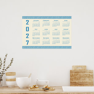 2027 Calendar, Greek Fret, Blue on Cosmic Latte Poster