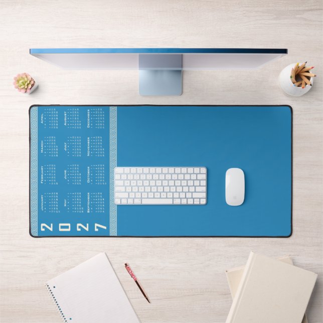 2027 Calendar, Greek Fret, Cosmic Latte on Blue Desk Mat (Office 1)