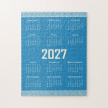 2027 Calendar, Greek Fret, Cosmic Latte on Blue