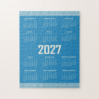 2027 Calendar, Greek Fret, Cosmic Latte on Blue Jigsaw Puzzle