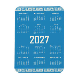 2027 Calendar, Greek Fret, Cosmic Latte on Blue Magnet