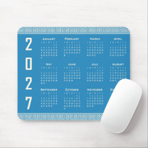 2027 Calendar, Greek Fret, Cosmic Latte on Blue Mouse Pad