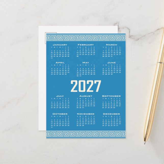 2027 Calendar, Greek Fret, Cosmic Latte on Blue Postcard (Front/Back In Situ)