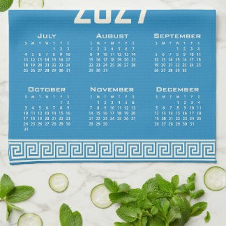 2027 Calendar, Greek Fret, Cosmic Latte on Blue Tea Towel