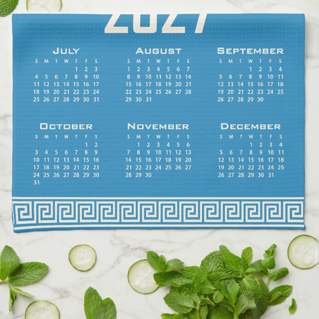 2027 Calendar, Greek Fret, Cosmic Latte on Blue Tea Towel (Folded)