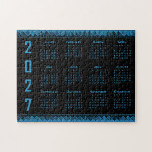 2027 Calendar, Greek Fret, Cosmos Blue on Black Jigsaw Puzzle