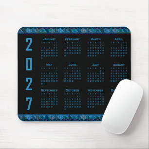 2027 Calendar, Greek Fret, Cosmos Blue on Black Mouse Pad