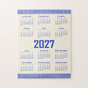 2027 Calendar, Greek Fret, Greek Blue Cosmic Latte Jigsaw Puzzle