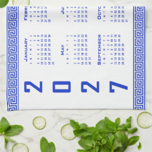2027 Calendar, Greek Fret, Greek Blue on White Tea Towel