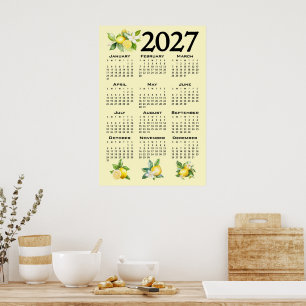2027 Calendar Italian Style Lemons Yellow Stripes Poster