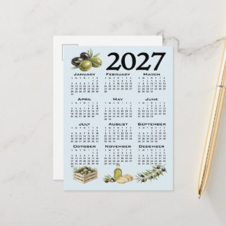 2027 Calendar, Mediterranean Olives, Blue Postcard
