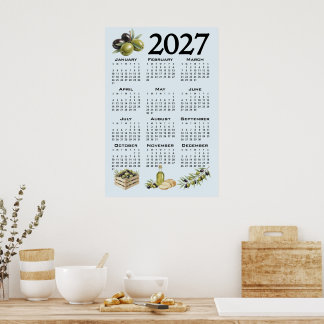 2027 Calendar, Mediterranean Olives, Blue Poster