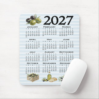 2027 Calendar, Mediterranean Olives, Blue Stripes Mouse Pad