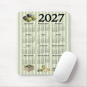 2027 Calendar, Mediterranean Olives, Green Stripes Mouse Pad
