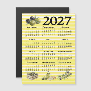 2027 Calendar, Mediterranean Olives Yellow Stripes Magnetic Invitation