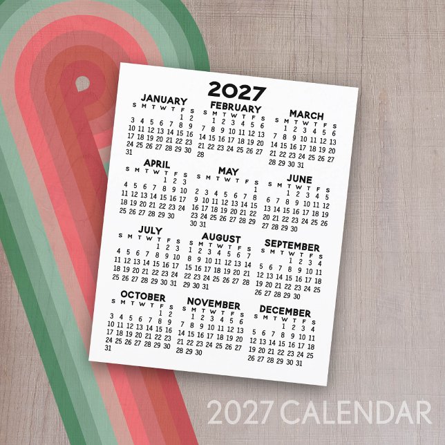 2027 Calendar Mini Full Year View Flat Sheet Paper (2027 Calendar)