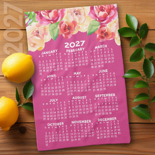 2027 Calendar Painted Watercolor Flowers hot pink Tea Towel