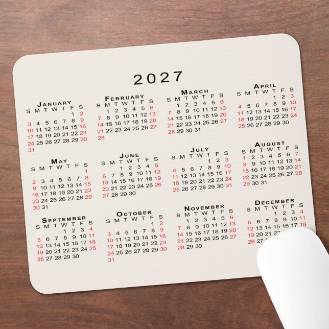 2027 Calendar Simple Beige Black Red Mouse Pad (2027 Calendar Simple Beige Black Red Mouse Pad in situ)