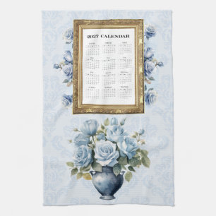 2027 Calendar Towel Blue Rose Kitchen Towel