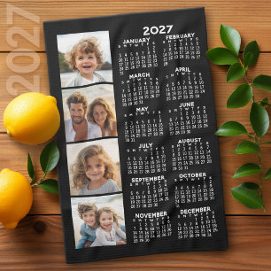 2027 Calendar with 4 Photo Collage Black Tea Towel