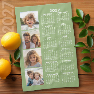 2027 Calendar with 4 Photo Collage - Sage Green Tea Towel