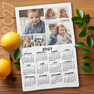 2027 Calendar with 6 Photo Collage - Black White Tea Towel