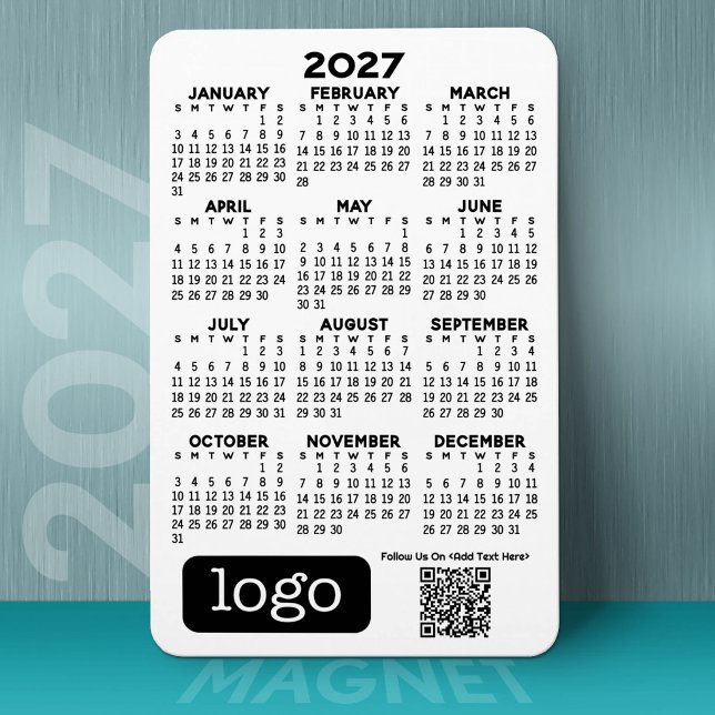 2027 Calendar with Business Logo and QR Code Magnet (2027 Calendar on a Magnet)