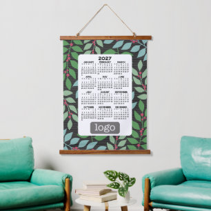 2027 Calendar with Logo - Botanical Blue Green Hanging Tapestry