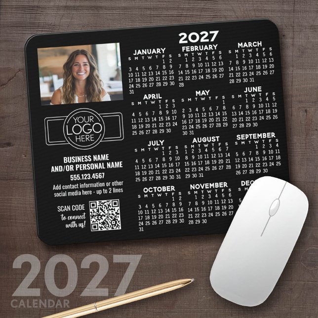 2027 Calendar with logo, QR Code, Photo BLACK Mouse Pad (2027 Calendar Mousepad)