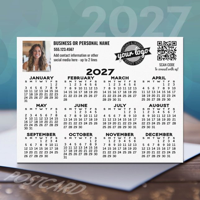 2027 Calendar with logo, QR Code, Photo BLACK Postcard (2027 Calendar Postcard)