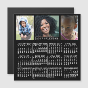 2027 Calendar Year Black 3 Custom Photo Collage Magnetic Invitation