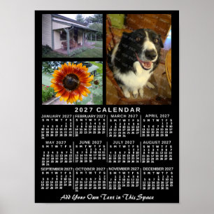 2027 Calendar Year Black Custom 3 Photos Monthly Poster