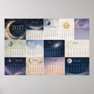 2027 Celestial Sun & Moon Wall Calendar Poster